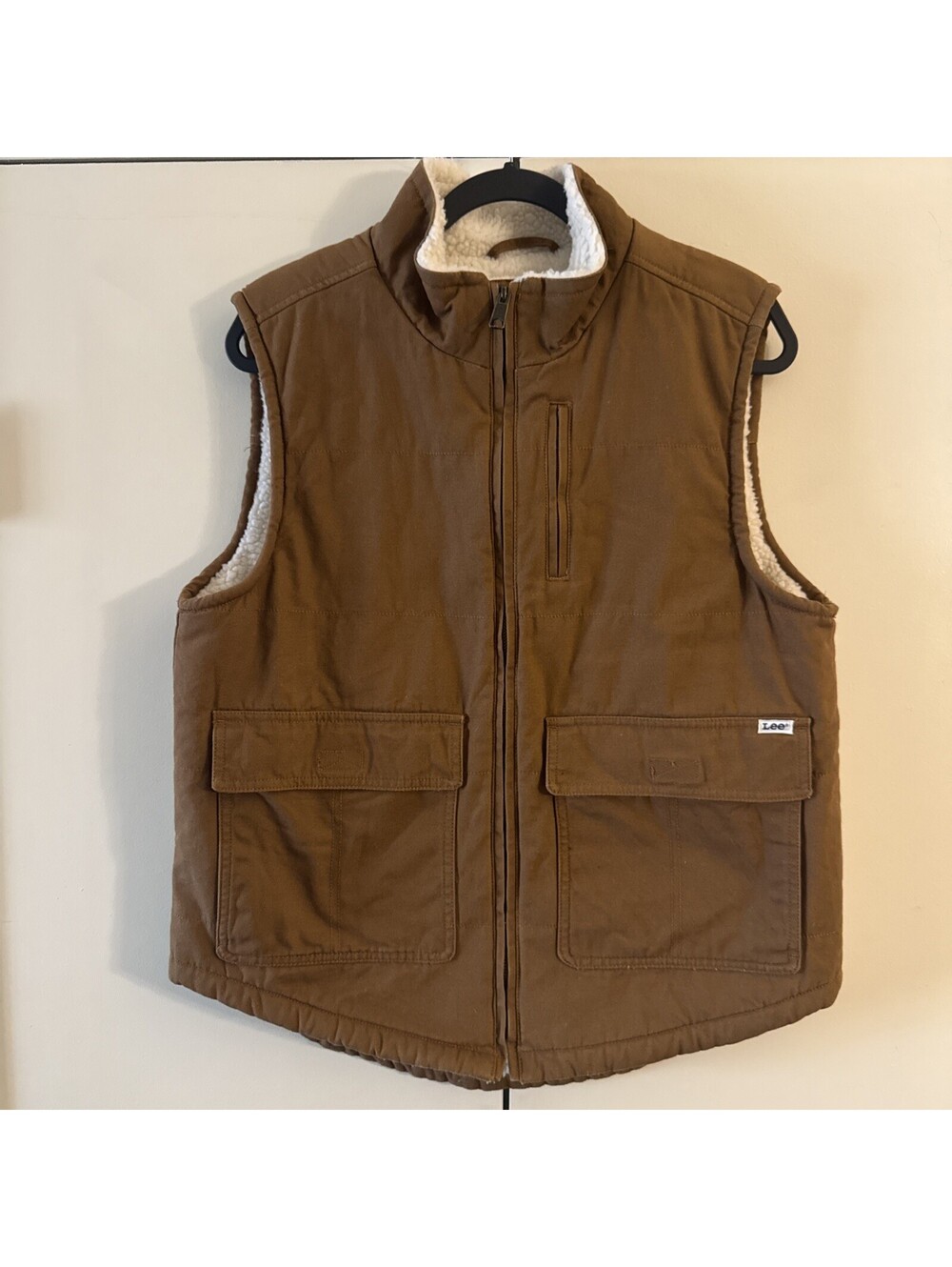 Lee Mens Sherpa Lined Canvas Workwear Vest Brown Size Small S